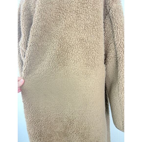 Uniqlo Tan Teddy Coat Womens Small Longline Fleece Sherpa Jacket No Collar - Picture 13 of 13